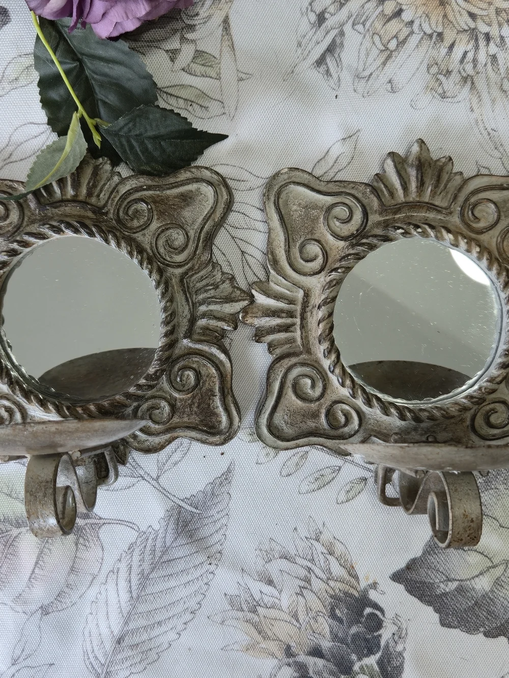 Pair of Vintage Shabby Chic Mirrored Wall Sconces - Ornate Cream Tea Light Holde